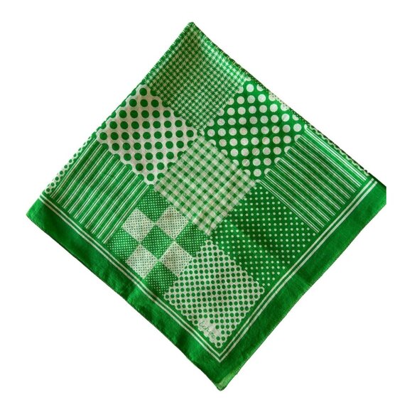 Vintage ECHO Cotton Scarf Green Bandana Patchwork Stripes Polka Dot 26 x 26 - Picture 3 of 8